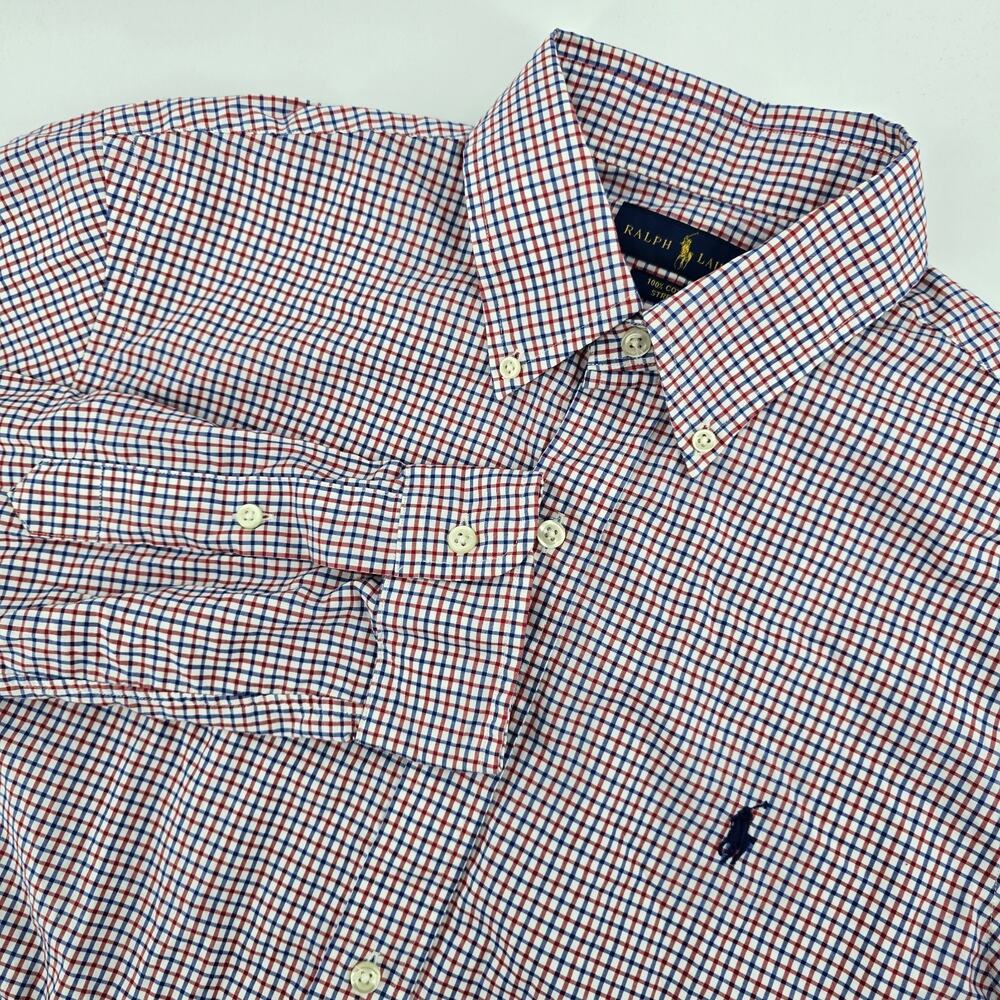 Polo Ralph Lauren Mens Med Long Sleeve Gingham Button Down Shirt Red White Blue